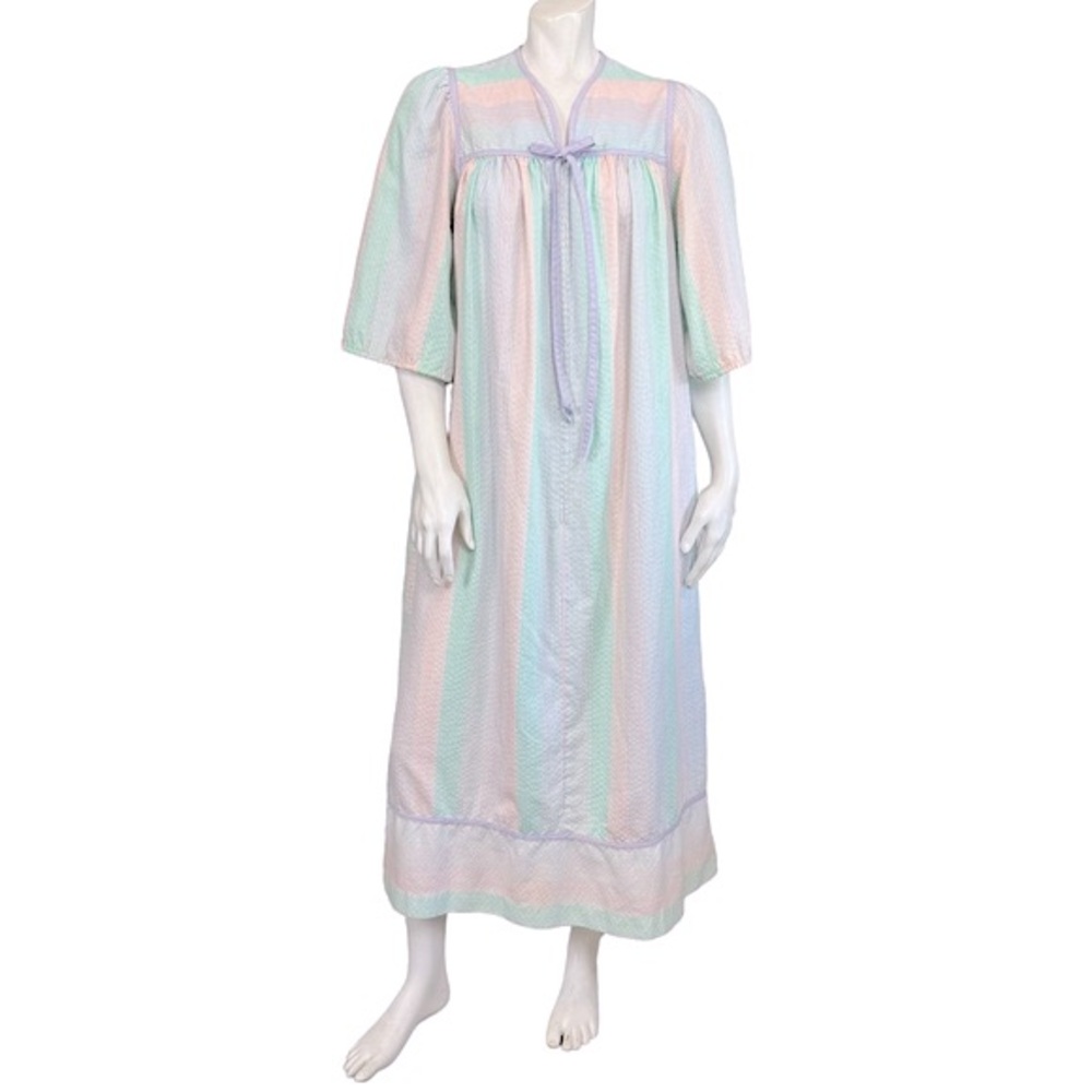 VINTAGE Komar Pastel Pink Green Purple Striped Cotton Midi Mumu Housedress